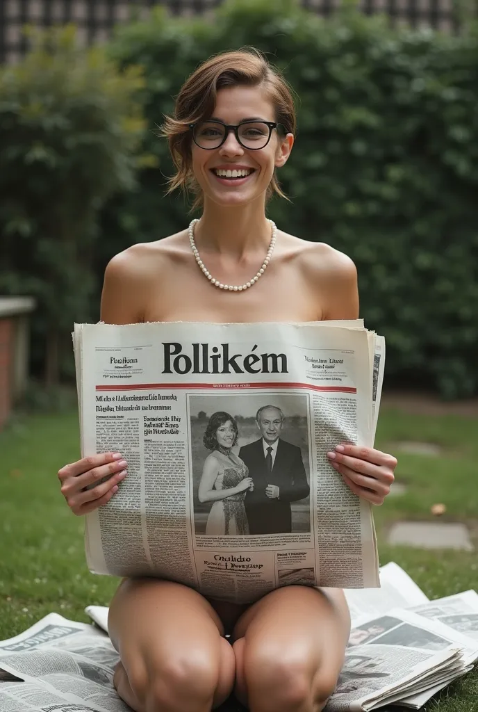 (photorealism:1.2),totally naked 20 year old beautifull elegant woman holding many  broardsheet newspaper tight under her  naked wet massive breast , headline" Politiken Søndag" with red  stripe below,  pearl necklace smile jolly, very short hair, kneel on...