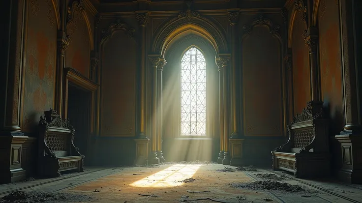 interior of a room in an old castle. no one has been living in it for a long time, dust and cobwebs all around. The old interiors of the room are dimly lit by light from the huge stained glass windows