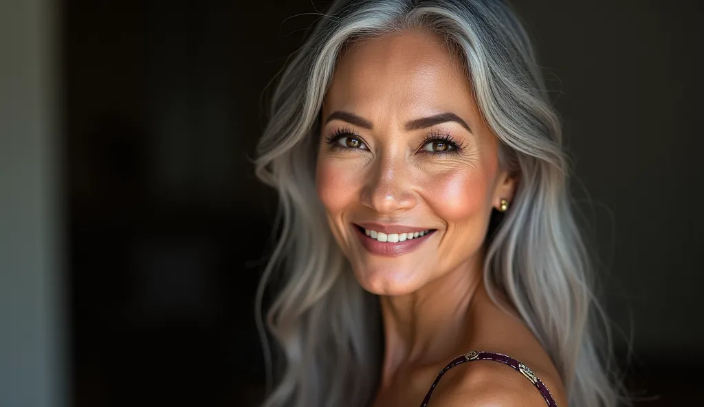 Make me realistic photos, a woman aged 50 years old,skin begins to wrinkle, long hair begins to turn gray, white skin,  sharp gaze, seductive smile,sexy, paras indonesian face . 