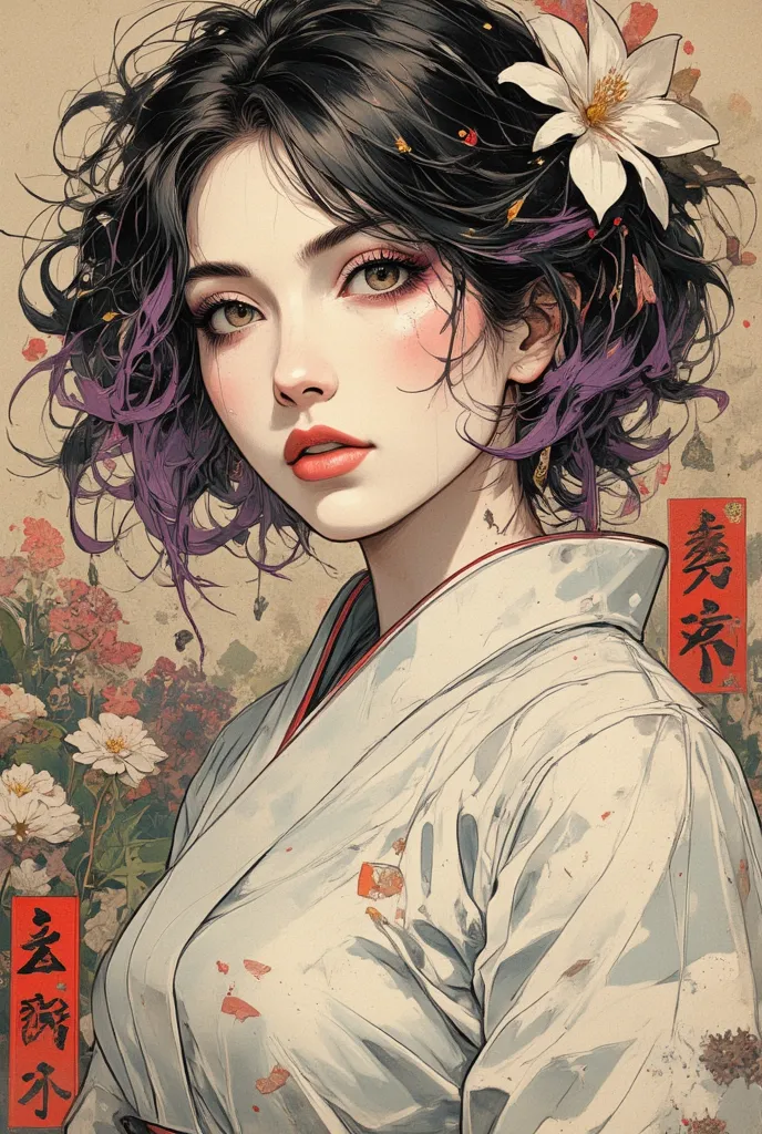 ((1 female、1 female、solo、Famous Paintings、Best Quality)、 Minako 、Mature Woman、1 female、Mature Woman、(Cheek:1.05)、short hair、 black hair、Purple Hair、lips、胸の谷間、perfect body to sit on tatami、perfect eye、eyeshadow、Perfect Face、(shy:1.1))、( nurse