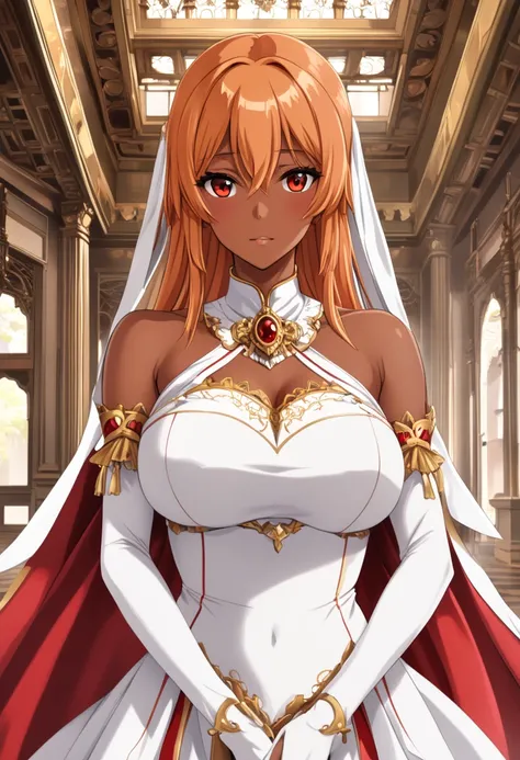 1girl, orange hair, red eyes, white dress, dark skin, big boobs, ecchi, palace hall, solo girl.(solo:1.3),  