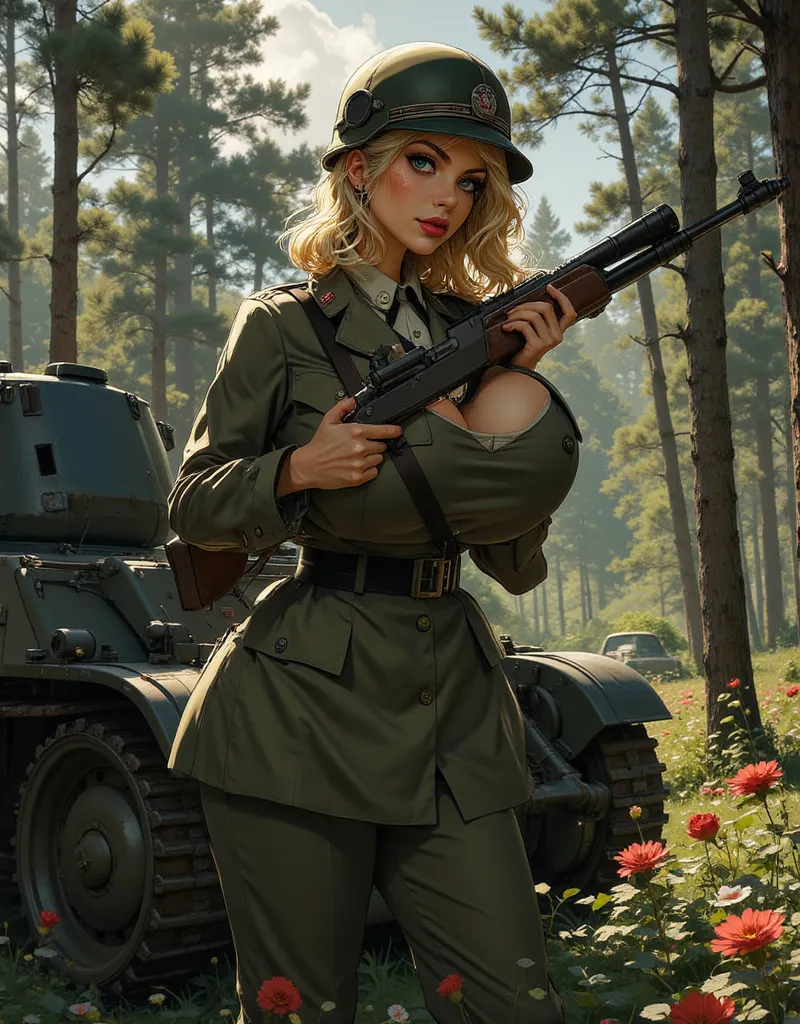 Milf,1 women,young,slender,beautiful,blue eyes,blonde hair,full lips,red lipstick,wearing Nazi military uniform of the Wehrmacht,(large 100 cm breasts),wide hips,woman,scar on face,((holding a Karabiner 98k Mauser sniper rifle with both hands)),big boobs,4...