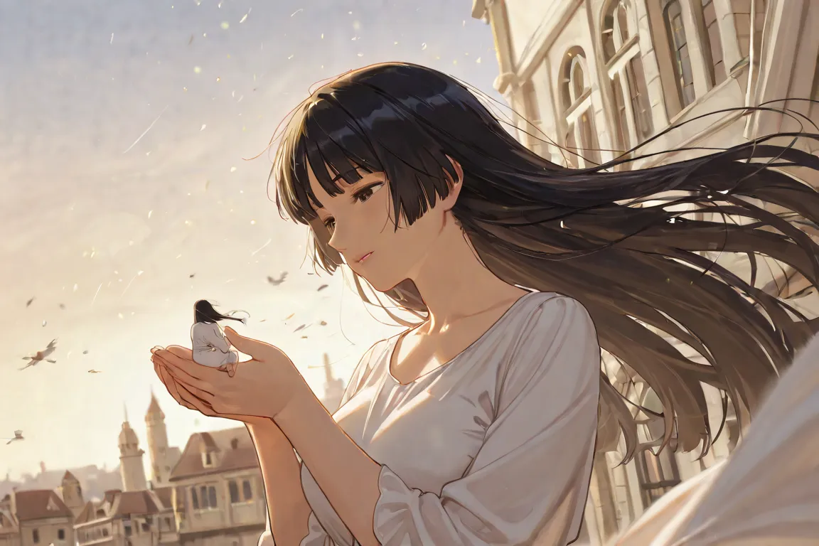 1 woman, long straight black hair hime cut, flying with her long white dress in the wind, hair flying in the wind covering her face, you can't see her face, holding out her hands holding a mini city, the hair flying covers her face, mature female, mature b...