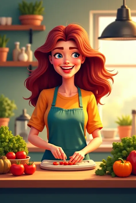 Woman with dark red hair is cooking healthy food she is happy 