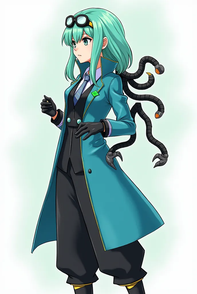 Draw a Girl with turquise green hair,engineer glasses on her hair,a turquise blue long jacket with a diamond shaped green symbol on it,and a long lord skirt black with yellow details and black pants. Arms/Tentacles: He has mechanical, black tentacles comin...