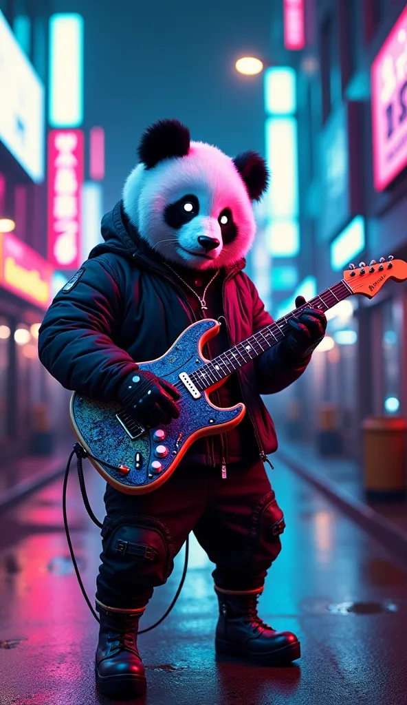 Cyberpunk Panda in a Neon City – A futuristic panda with glowing cybernetic eyes and a high-tech outfit plays a sleek, holographic guitar in a neon-lit alleyway, with digital billboards flashing around.

