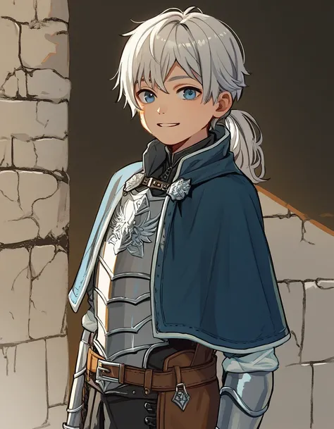 score_9, score_8_up, score_7_up, dungeon, 1 boy, shota, solo, white hair, long hair, bangs, ponytail hair, blue eyes, leather armor, capelet, bare shoulders, standing, looking at viewer, smiling