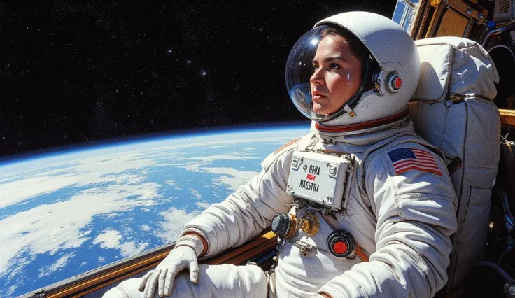 a female cosmonaut taking in the beautiful space. She has a white space suit,  and white gloves , and her head is inside a transparent helmet, obra maestra, t-shirt, highly detailed face, perfect lighting, 