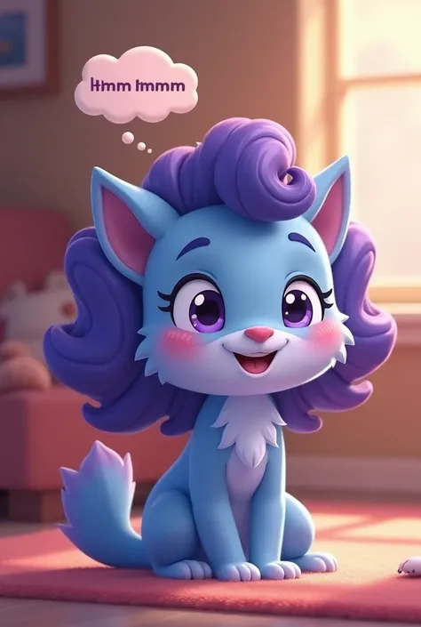 cartoon-like image of a cute blue purple mixable shows her facial expression, That she heard something incredibly sweet: They squint their eyes slightly, Grin broadly and with mouth too satisfied, and there is a small speech bubble with the text 'Hmm hmmmm...