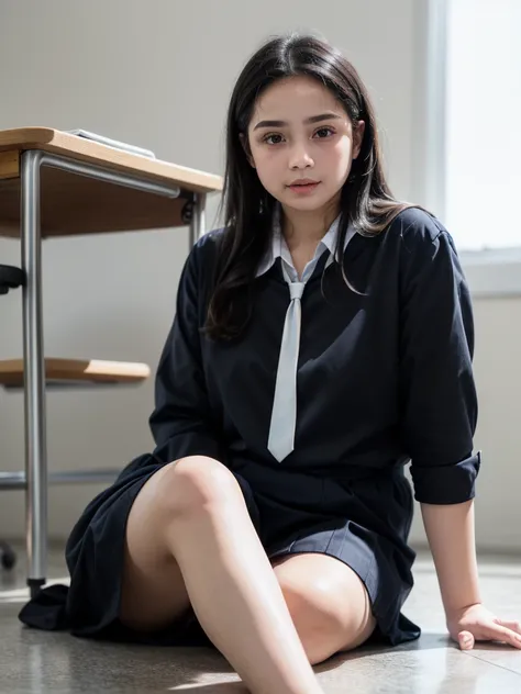 (8k、 soft lighting 、masterpiece:1.2)、(realistic、ultra-detailed、超A high resolution、beautiful detailed face,perfect body,(  1girl  , Long black hair),(school uniform,sailor uniform ,purple shirts,rok navy,white tie), sitting on the floor ,on knee, in the cla...