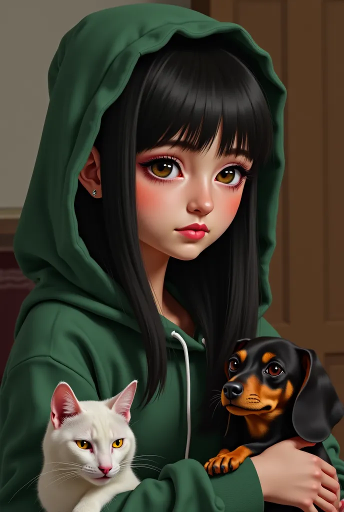 Create a square, painted portrait of a young woman indoors. She has long, straight black hair (no bangs) mostly hidden by a green hoodie with the hood up. Her eyes are nearly closed and looking down. She has a mature, pretty face with a sad or serious expr...