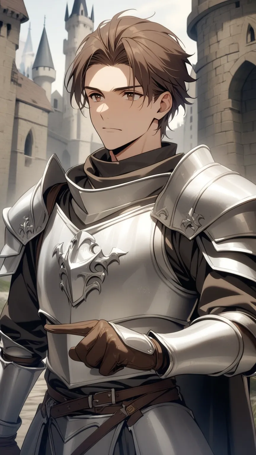 1Man，alone，  male focus  ，  Brown hair  ，  Tall Fit  ， Finger Gloves  ，Silver & White Armor，brown eyes，Upper body，will，Castle Background，Medieval Knight
