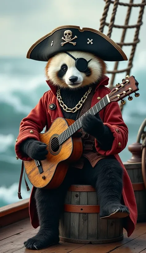 Pirate Panda on a Ship – A swashbuckling panda bear with an eye patch and pirate coat plays a weathered, sea-worn guitar while sitting on a wooden barrel on the deck of a ship, waves crashing in the background.

