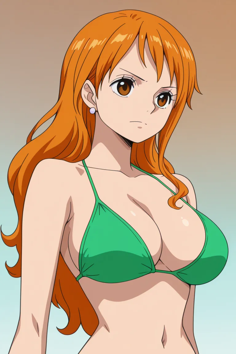 1girl, solo, cute, mm, mature female, orange hair, brown eyes, earrings, long hair, large breasts,
green bikini, navel, upper body, masterpiece, best quality, amazing quality, anime coloring, offical art, 