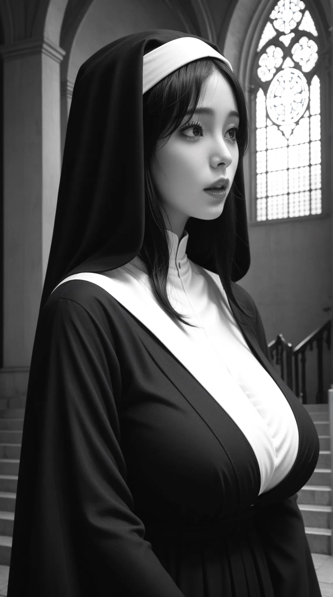 (걸작,  Premium , 8k, top quality,  official art , beautiful and aesthetic:1.2),  Korean woman in her 20s,  Closed church,  sister's robe , ,description of a nun, awe, gothic, black and white with red accents,  red lips, Huge breasts, Black and white, horror