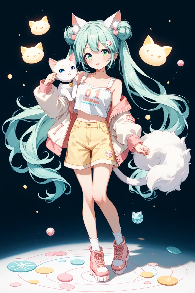 Hatsune Miku style twin bun down hair half up bun half up bun half up twin tail long hair half up pastel pink, light pastel mint green color hair color half up twin tail long hair, smooth, straight hair, only the tips, slightly loose, fluffy, white, cute, ...