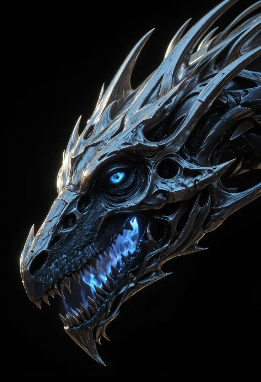 an close up picture of a skeleton dragon's head, some silver scales remain, there are blue flames in the retina, serpentine eye, 