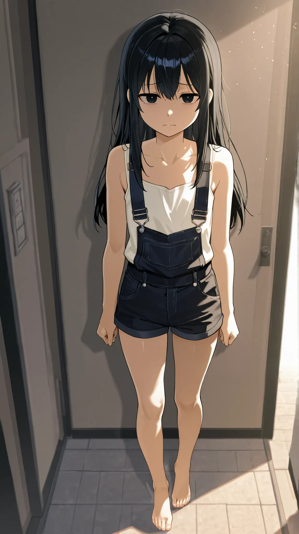 1boy, femboy, long black hair, black short shorts, white sleeveless shirt, barefoot, black eyes, walking, depressed