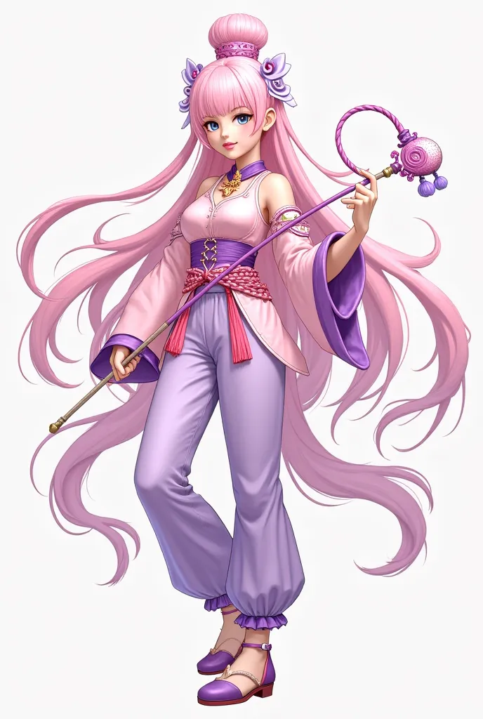 A female character in ancient China, with long light pink hair, light purple jewelry on her head, wearing a light pink blouse with a light purple combination, light pink pants with a light purple combination, a light pink Chinese series of shoes, a light p...