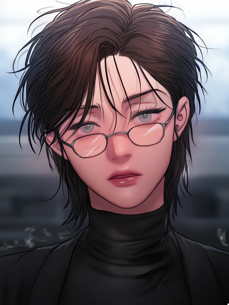 Black hair short messy, secretary glasses, narrow eyes, serious expression, blue shining eyes, wears a turtleneck, soft lips, fancy. 