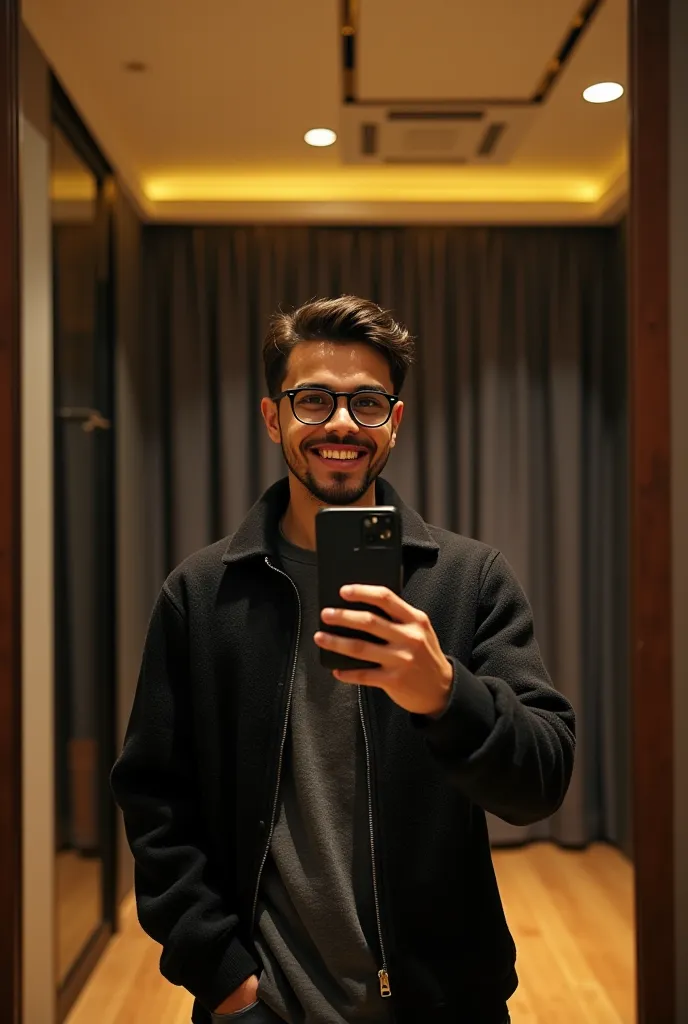 A photorealistic mirror selfie of a stylish 20 years old moroccan young man in a fitting room, with a square shape face, short dark brown hair, dark brown eyes, with goatee, wearing black round glasses, smiling. He is wearing a drak blue sweater, loose-fit...