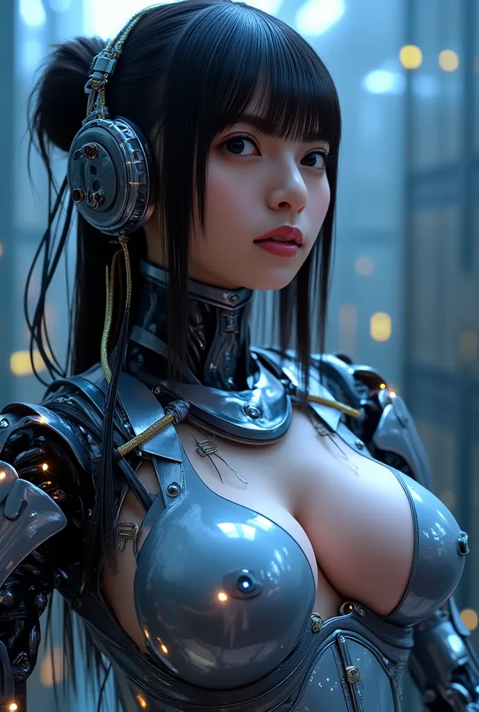 Android girl, Highest quality, masterpiece, ultra-high resolution, ((photo realistic: 1.4), raw photo, 1 cyberpunk girl, glossy skin, 1 mechanical girl, (super realistic details)), mechanical limbs, tubes connected to mechanical parts, mechanical vertebrae...