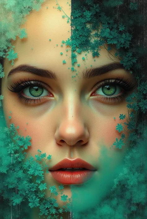 create an image that is light and darkness, beauty and ugliness, happyness and dread, tenderness and brutality. Female eyes. Use a painterly artistic style with constructivist elements. Earthen tones and mint green patterns.