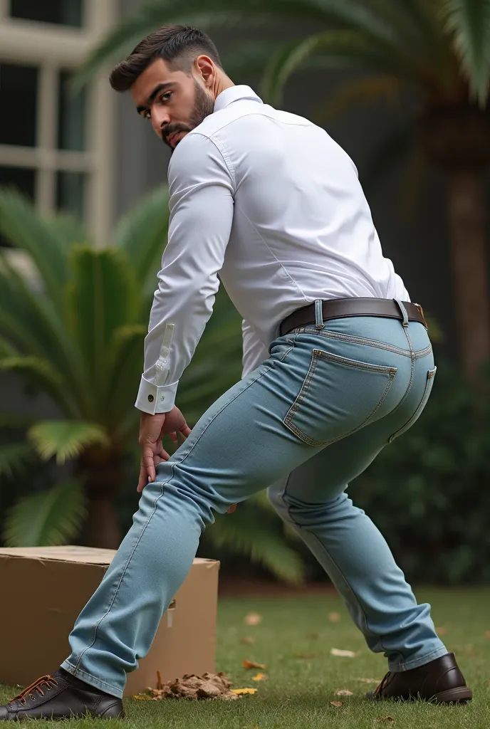 realistic photography, 35-year-old muscular (((athletic man))) view From below, nalgon despaldas in profile, stripe white formal shirt and very tight pale blue levis jeans,, in profile, Big butt, viendo a cámara,  black eyes, in the yard, sexy man, very bi...