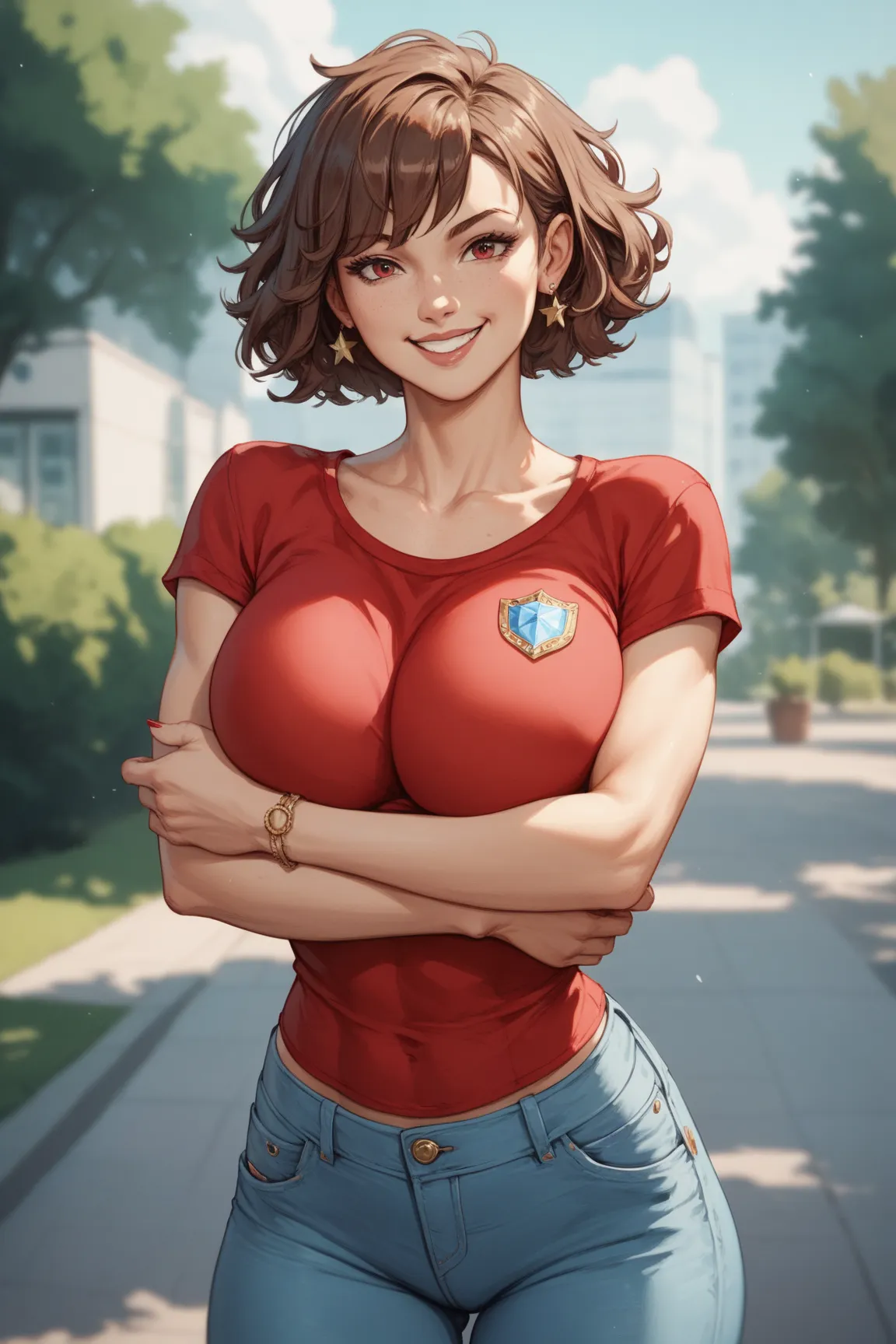 (masterpiece:1.3) (girl) (athletic) (messy short brown hair) (large breasts) (cheeky smile) (arms crossed) (red red topwear) (light blue jeans) (curvy) (school background)