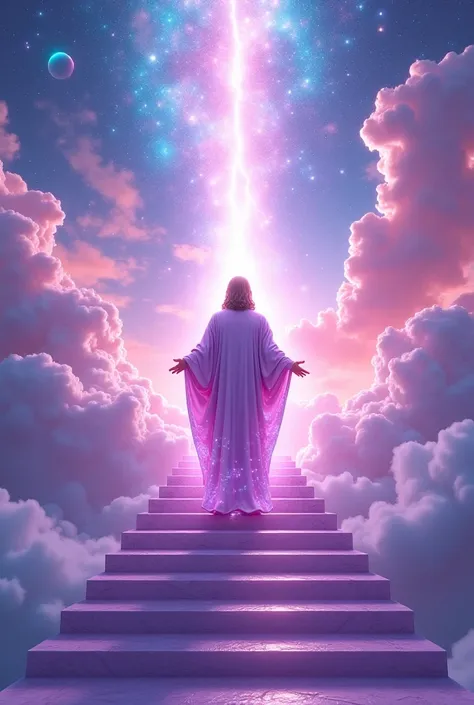 Jesus with his lilac robe with sparkles on the gateway to paradise with clouds staircase purple lights neon universe full of stars planets an open sky 