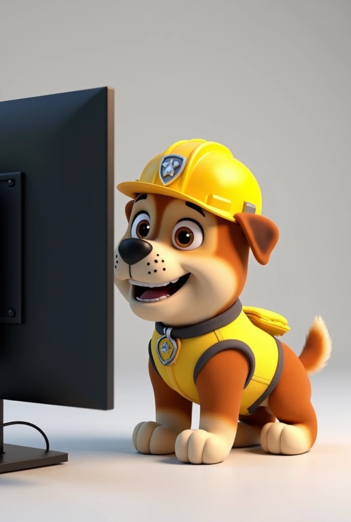 Image 3D style Pixar chien bouledogue anglais avec chapeau construction jaune et veste jaune sans manche Reuben pat patrouille vie de dos écoute une grande tv