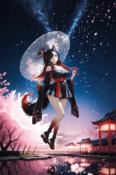 masterpiece, best quality, amazing quality, very aesthetic, 1female, fox girl, Kuroki Monika, black and red fox ears, black fox tail with red tip, red eyes, gradient hair, black and red hair, long hair, asymmetrical hairline, hair over right eye, large bre...