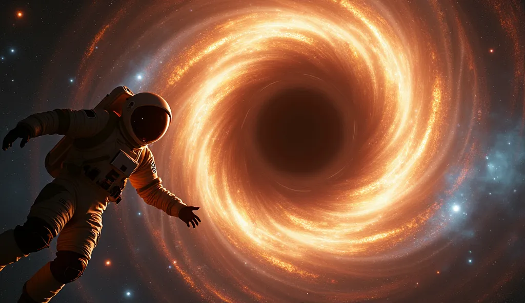 An ultra-realistic image of an astronaut in a detailed, high-tech space suit being pulled into a massive black hole, inspired by the movie Interstellar. The black hole is surrounded by a glowing, swirling accretion disk emitting bright golden, orange, and ...