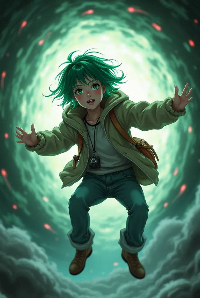 A girl wearing cold clothes falls from a portal. Her pale skin and short messy hair, dyed green , are visible as she destabilizes in the air. She wears simple and warm clothes, but the camera she carries around her neck shakes without control, as if out of...