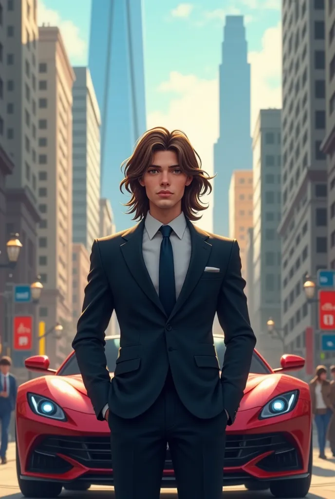 A 19-year-old young man with long brunette hair wearing a suit stands in the middle of the city in the back with a luxury car