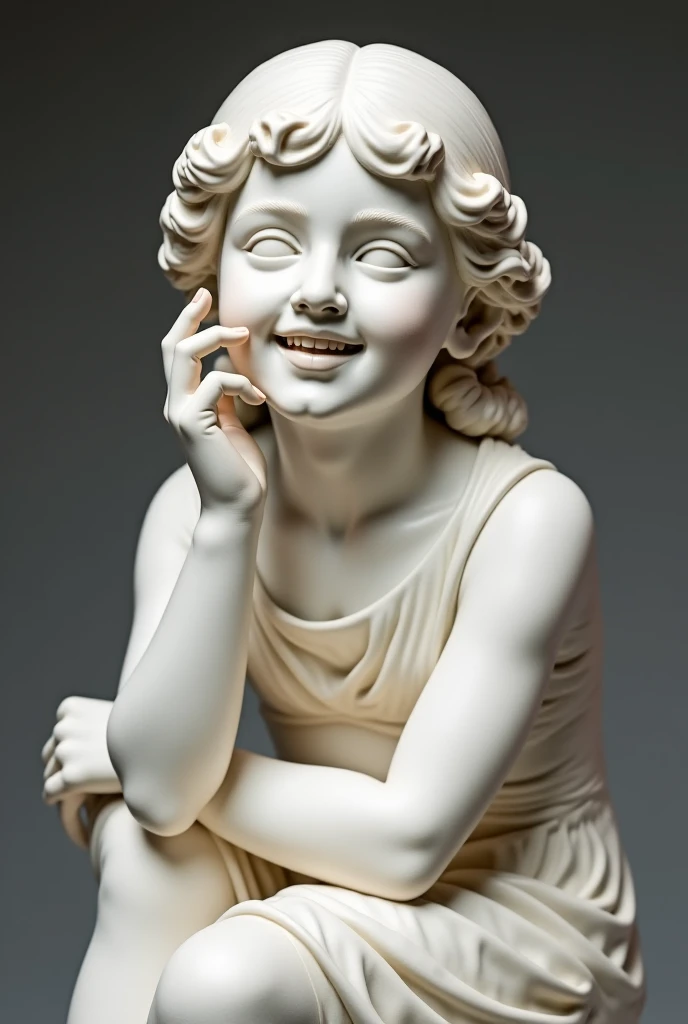 White marble statue of a 15-year-old Sardinian girl dressed and seated with a bent leg and a hand that touches her face with a happy expression, a slightly aquiline nose, slightly fleshy lips, large almond-shaped eyes, pronounced cheeks.