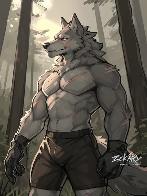 (by zackary911, anime, soft hatching) anthropomorphic, solo, human anatomy, adult, tall, mature, anthro, (muscular, fit body, biceps, buff), (gray fur, wolf, wolf ears, wolf tail, body scars, purple pupils), (shirtless, Combat Gloves, Combat Shorts), (fore...