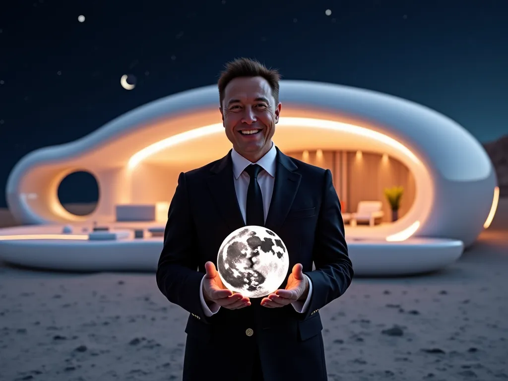 An ultra-realistic image of Elon Musk at the center, wearing an elegant black suit and smiling confidently while holding a highly detailed, realistic prototype of the Moon in his hands. Behind him, a futuristic lunar house with smooth, curved architecture,...