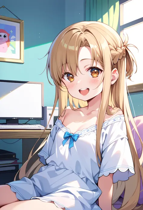 ((Best Quality)), ((masterpiece)), (be familiar with), perfect face, indoors, bedroom, watching viewers,
One woman, Asuna Yuki,
open mouth, ecstatic expression, blush, smile,
 small tits, flat chest, Young girl,  lori,  ,  girl,
long hair, long hair,
 open...