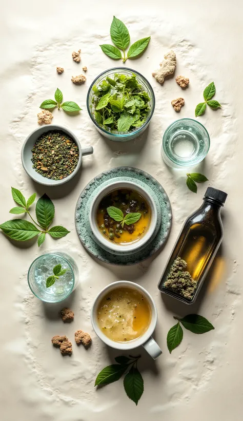 A minimalist and soft cover for the preparation of teas, with shades of green (Menta, olive) and beige. in the center, a composition that represents the 4 preparation methods:
Infusion : cup de chá fumegante com folhas de hortelã.
decoction: Small p...