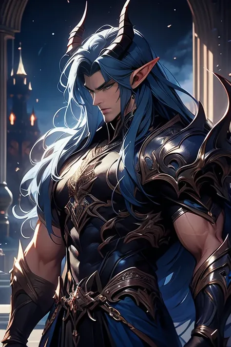  a male elf with dark blue long hair and demon horns and huge big muscles wearing armor, dark wild blue long hair, beautiful jawline, sharp nose, castle bedroom background, he is very handsome, sharp eyes, stolzer krieger