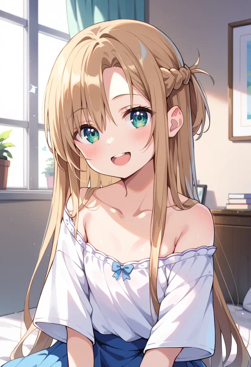 ((Best Quality)), ((masterpiece)), (be familiar with), perfect face, indoors, bedroom, watching viewers,
One woman, Asuna Yuki,
open mouth, ecstatic expression, blush, smile,
 small tits, flat chest, Young girl,  lori,  ,  girl,
long hair, long hair,
 open...