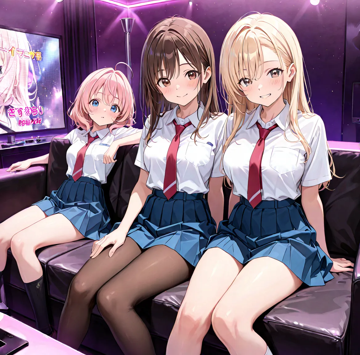 masterpiece, absurdres, amazing quality, best quality, 3girls, girl 1 has short pink hair and brown eyes, girl 2 has long brown hair and brown eyes,  girl 3 has short blonde hair and blue eyes, medium breasts, white shirt, red tie, blue skirt, brown tights...