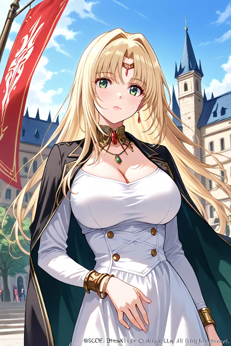 masterpiece, highres, anime_source, hourglass figure, vibrant colors, 4k, hd,score_9, score_8_up, score_7_up BREAK  leila eberwein, blonde hair, long hair, green eyes, lips, white dress, long sleeves, taut clothes, cleavage, cape, bracelet, circlet, neckla...