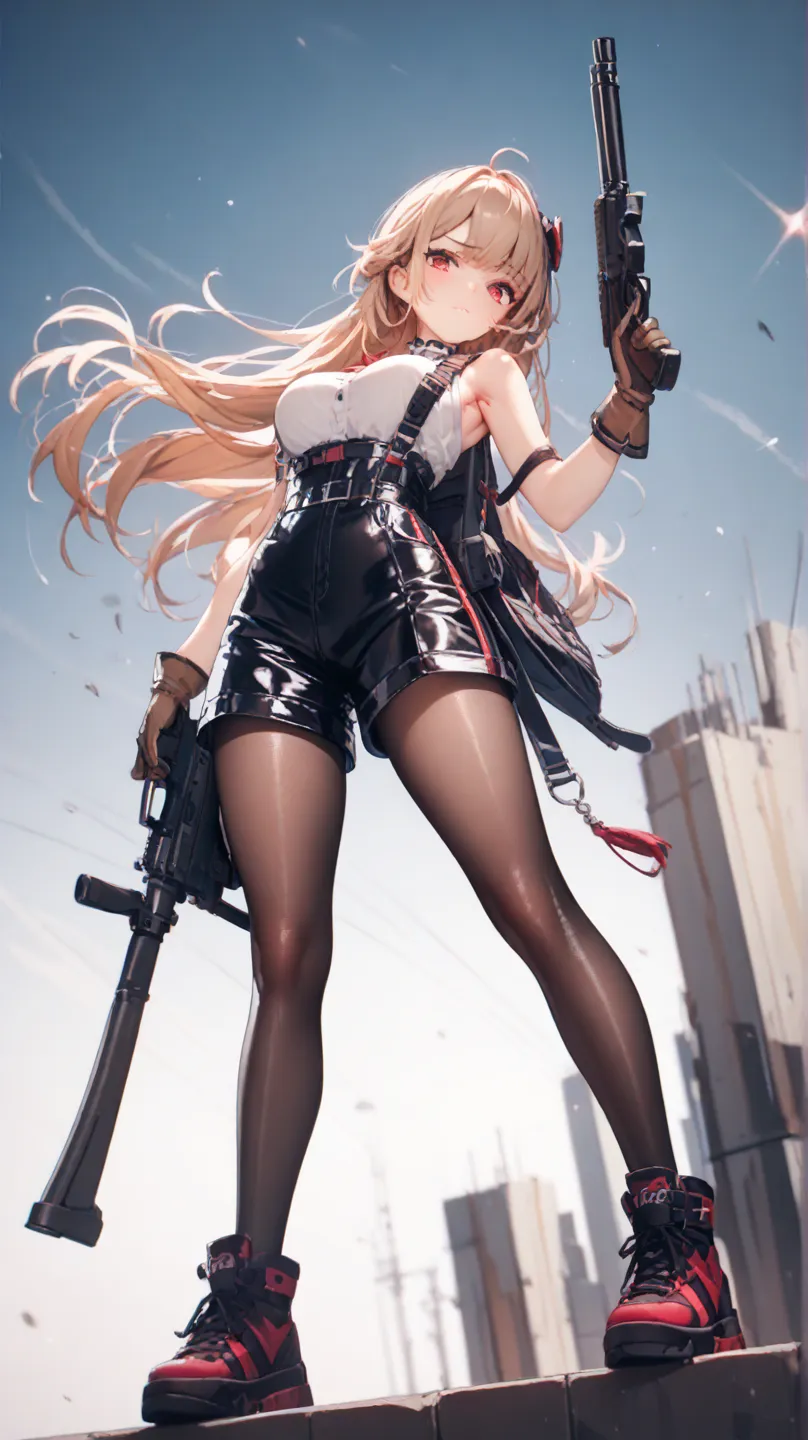 score_9, score_8_up, score_7_up, score_9, score_8_up, score_7_up, 1girl, solo, gun, weapon, young_ager, no_makeup, long_hair, light_brownhair, red_eyes, pantyhose, holding_weapon, holding_gun, looking_at_viewer, hair_ornament, ager, brown_shirt, blackshiny...