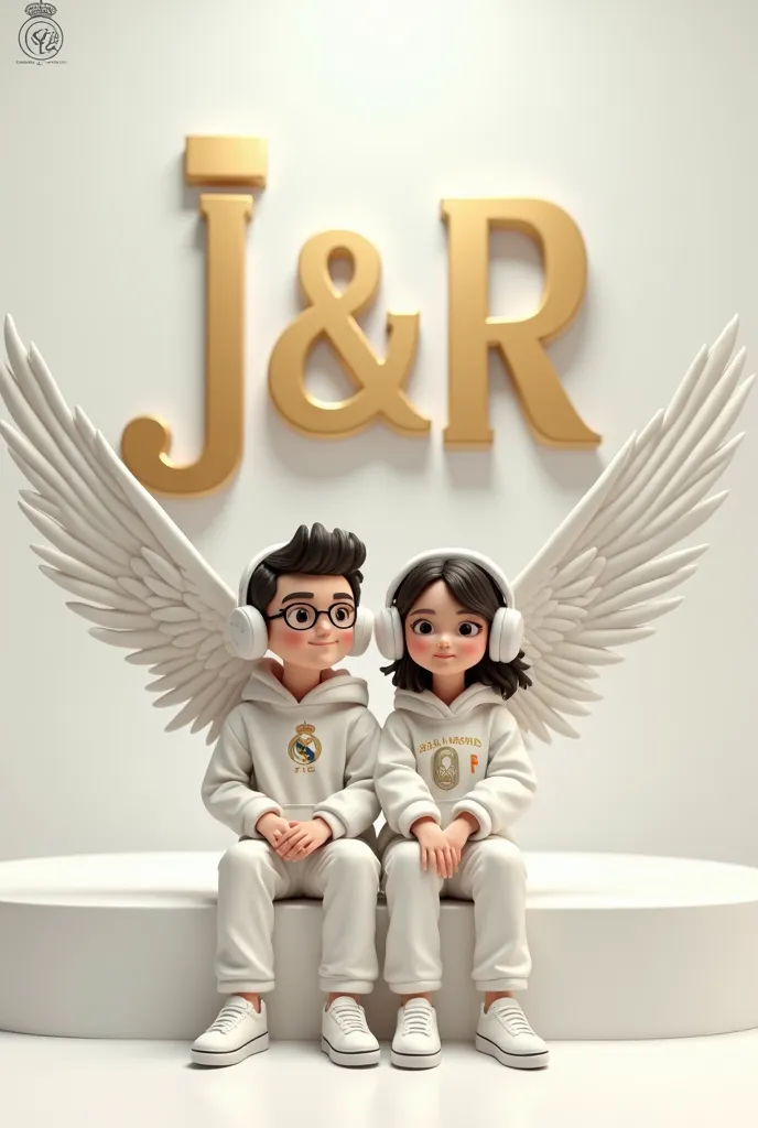 create a realistic 3D image featuring a couple dressed in white casually sitting in an earmuff, wearing a Real Madrid FC hoodie, sneakers and glasses. The boy looks forward, The background shows  "j&R" in large and capital gold fonts on the white lighting ...