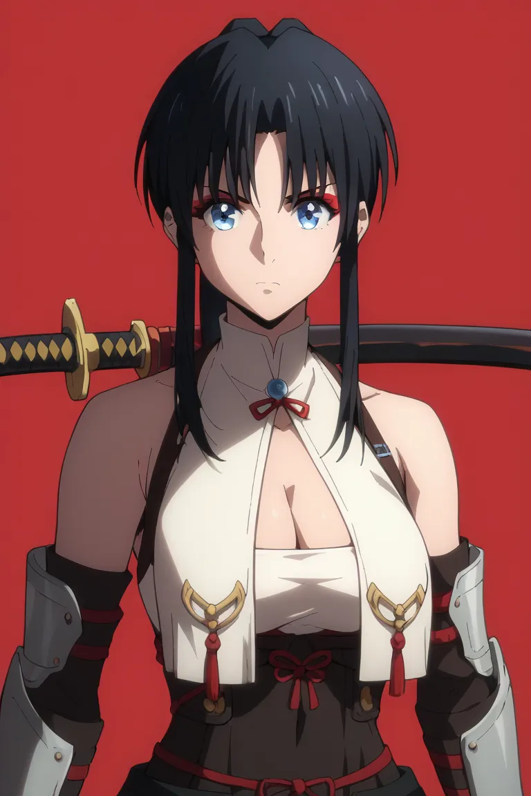 masterpiece,best quality, amazing quality, very aesthetic,newest, 1girl, Kamiya Kaoru, breasts, weapon, solo, sword, red background, black hair, holding weapon, holding, unsheathing, large breasts, narrow waist, holding sword, gloves, looking at viewer, sh...