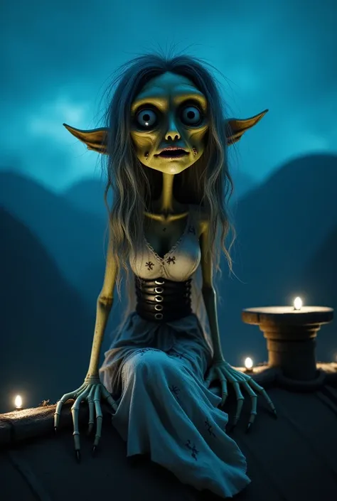 darkframe,A creepy, cartoonish witch sitting on a roof at night, with a dark blue sky and mountains in the background. She has bulging eyes, an ominous smile and a wrinkled, yellowish skin, with an exaggerately-pointed nose and chin.  her hair is long,  Gr...