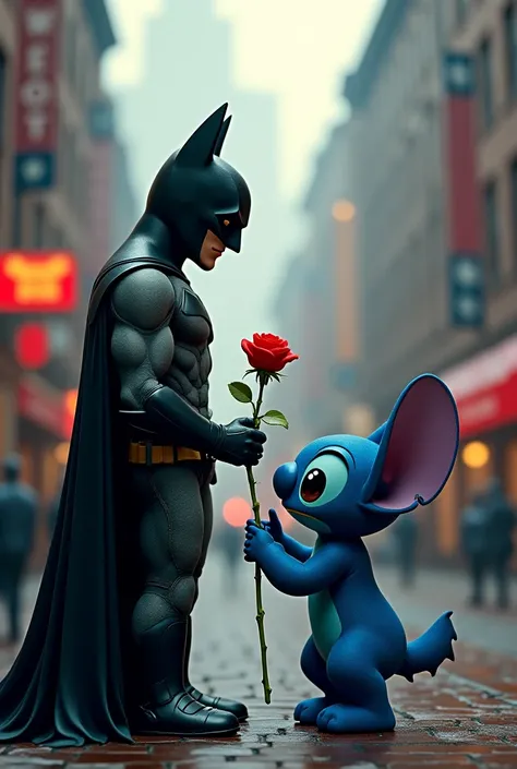 batman and stitch holding a rose , a logo