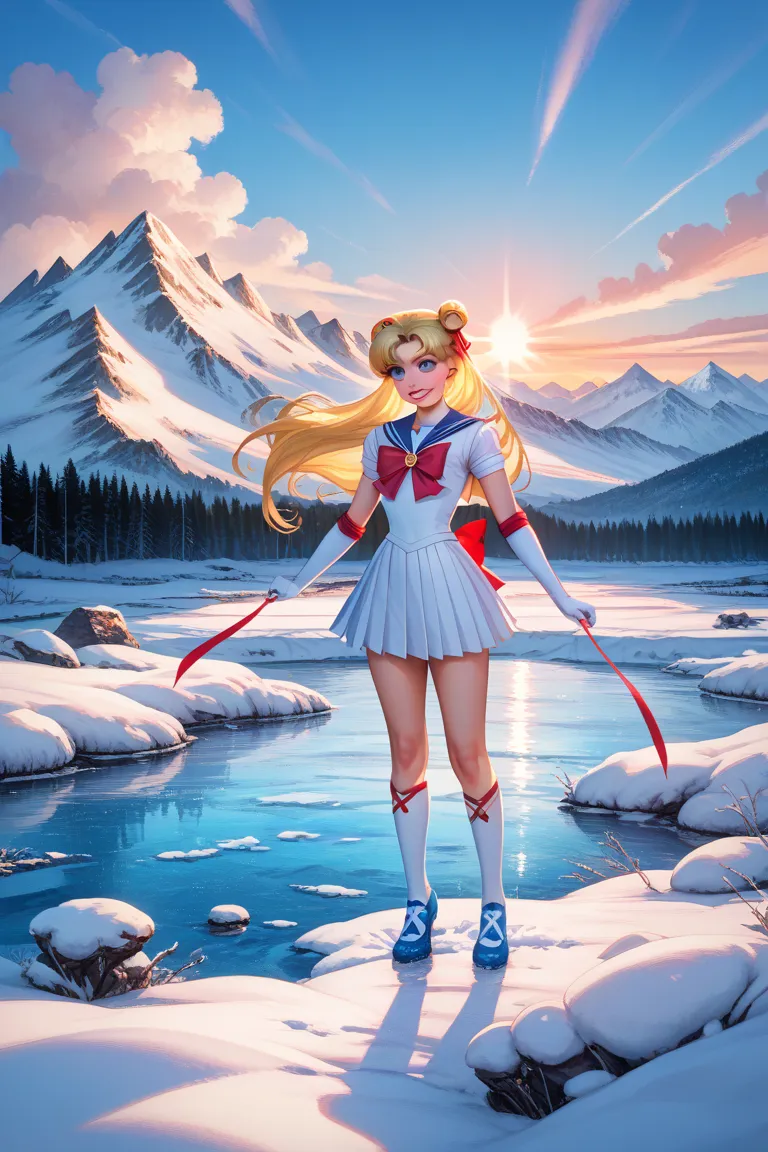 Snow Mountain Fubuki Extreme Cold Frozen Pond White Out School Swimsuit Aino Minako Sailor Venus Yellow Hair Red Ribbon Long Hair Frostbite